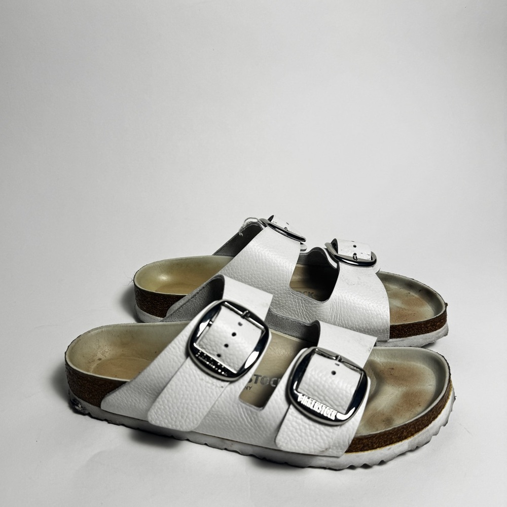 White Birkenstock Sandals with Silver Buckle